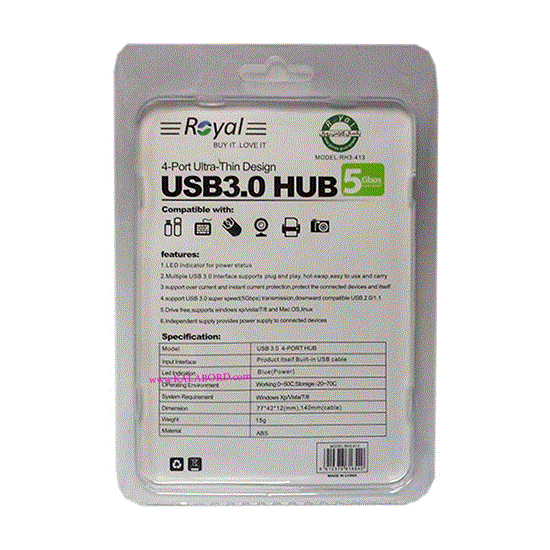 تصویر  هاب 4 پورت رویال مدل Royal usb 3 Hub RH3-413