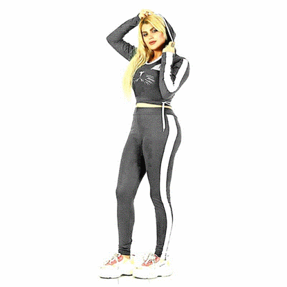 تصویر  ست اسپرت زنانه کلاه دار طرح  گربه رنگ خاکستری