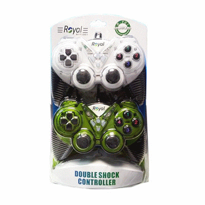 تصویر  دسته بازی دوبل شوکدار سفید و سبز رویال PC