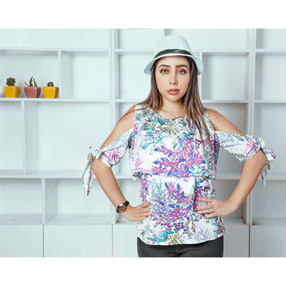 تصویر  شومیز پارچه ترک گلدار بنفش