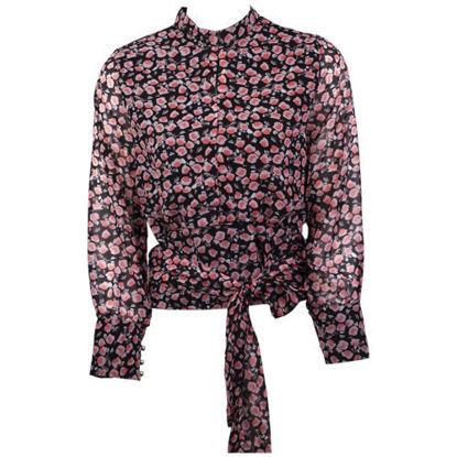 تصویر  شومیز جلو گره زمینه مشکی با طرح های صورتی رنگ