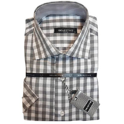 تصویر  پیراهن ترک چهار خانه سفید طوسی مدل اسلیم فیت