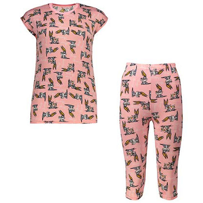 تصویر  ست تاپ و شلوار برمودا صورتی طرح خرگوش کد 602