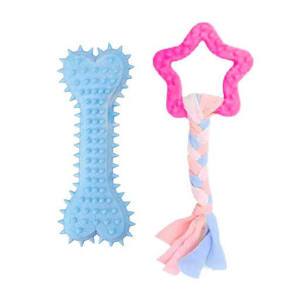 تصویر  اسباب بازی دندانی سگ بایو موزارا مدل ستاره و استخوان آبی و سرخابی