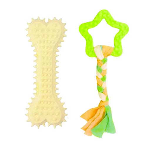 تصویر  اسباب بازی دندانی سگ بایو موزارا مدل ستاره و استخوان کرم و سبز