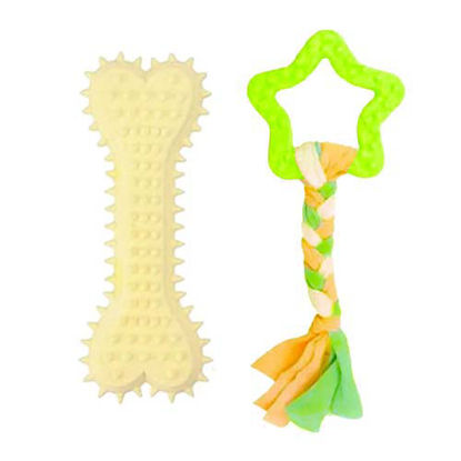 تصویر  اسباب بازی دندانی سگ بایو موزارا مدل ستاره و استخوان کرم و سبز