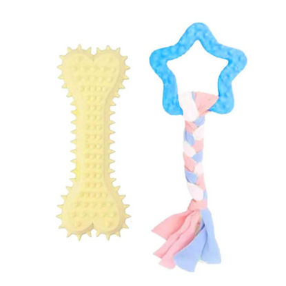 تصویر  اسباب بازی دندانی سگ بایو موزارا مدل ستاره و استخوان کرم و آبی