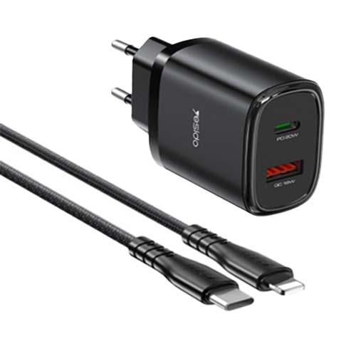 تصویر  شارژر دیواری یسیدو مدل YC47 به همراه کابل لایتنینگ مشکی