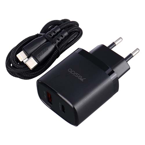 تصویر  شارژر دیواری یسیدو مدل YC47 به همراه کابل لایتنینگ مشکی