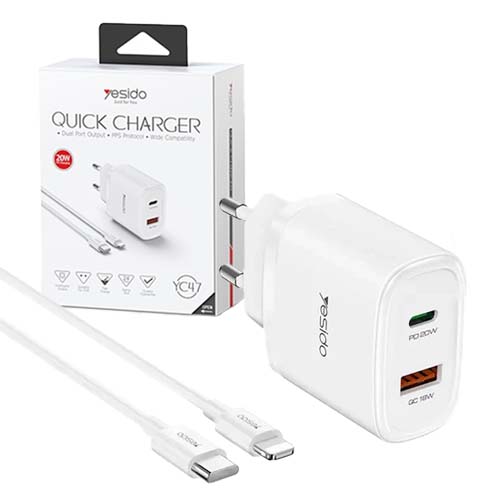 تصویر  شارژر دیواری یسیدو مدل YC47 به همراه کابل لایتنینگ سفید