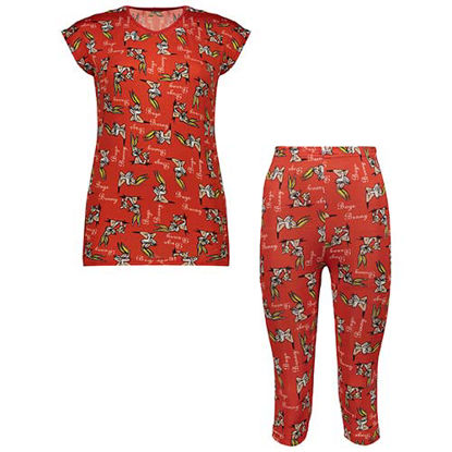 تصویر  ست تاپ و شلوار برمودا قرمز طرح خرگوش کد 605